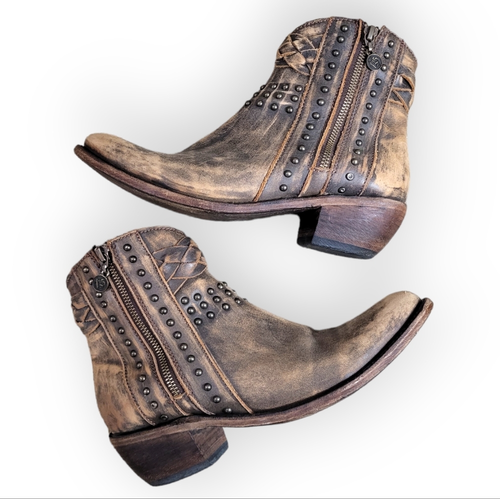 LIBERTY BLACK Distressed Brown Leather Studded Ankle Boots with Braided Strap 8 - Picture 3 of 11